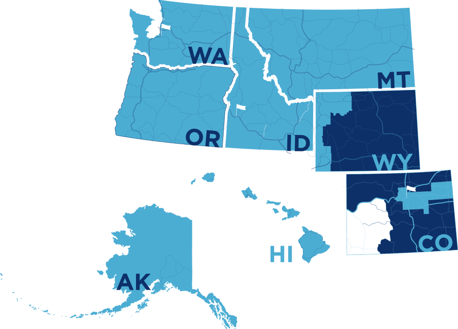 A blue map shows the service areas covered by Better Business Bureau Great West + Pacific.